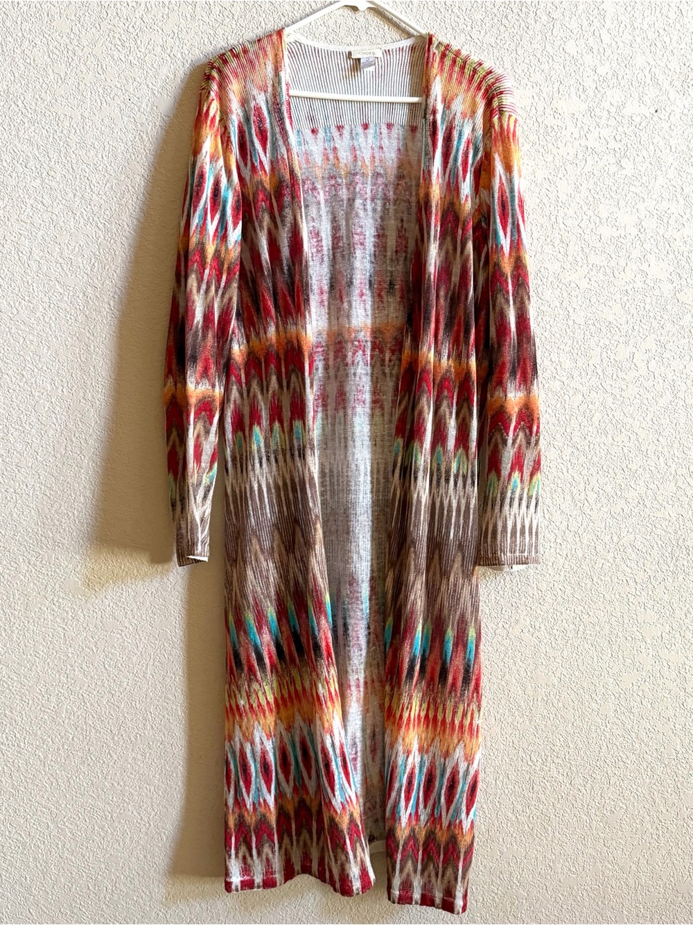 Chicos Cardigan Womens 2 Large Multicolor Ikat Print Linen Long Duster Western